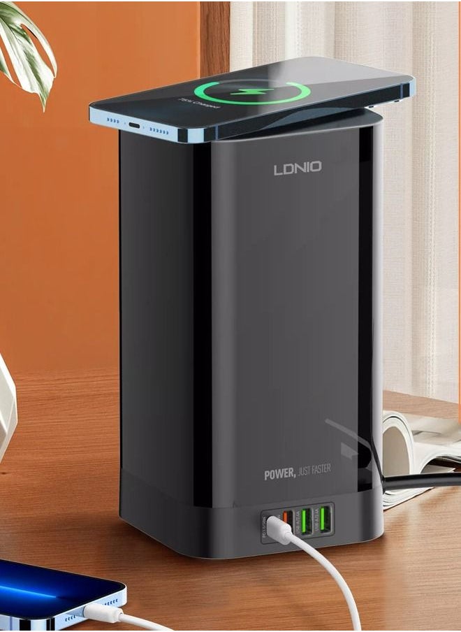LDNIO - 3 in 1 Power Extension Cord With Wireless Charger  And Cable Management Box with lock 4 USB Ports (30W 1* PD 18W 1* QC3.0,2* USB-A)  And 6 Outlets 2500W Power Socket for Home Office And More - Image 1