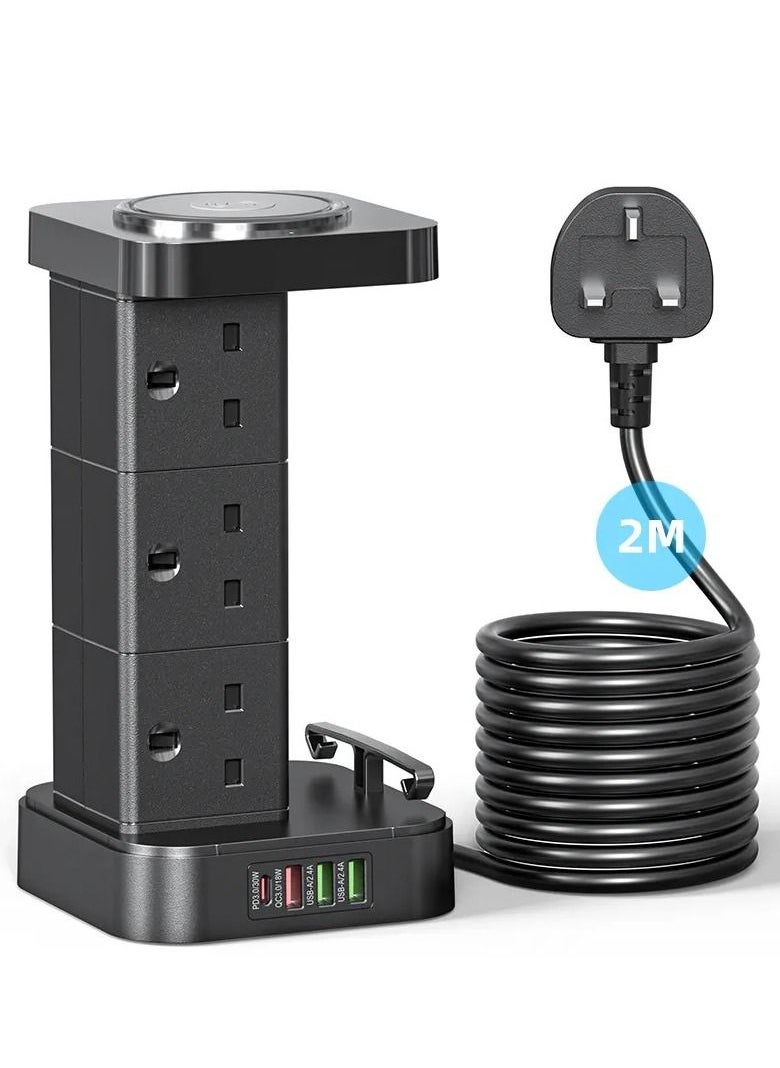 LDNIO - 3 in 1 Power Extension Cord With Wireless Charger  And Cable Management Box with lock 4 USB Ports (30W 1* PD 18W 1* QC3.0,2* USB-A)  And 6 Outlets 2500W Power Socket for Home Office And More - Image 1