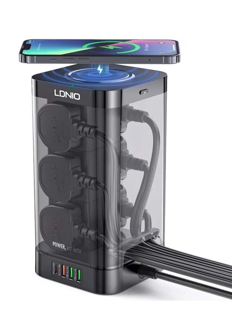 LDNIO - 3 in 1 Power Extension Cord With Wireless Charger  And Cable Management Box with lock 4 USB Ports (30W 1* PD 18W 1* QC3.0,2* USB-A)  And 6 Outlets 2500W Power Socket for Home Office And More - Image 1