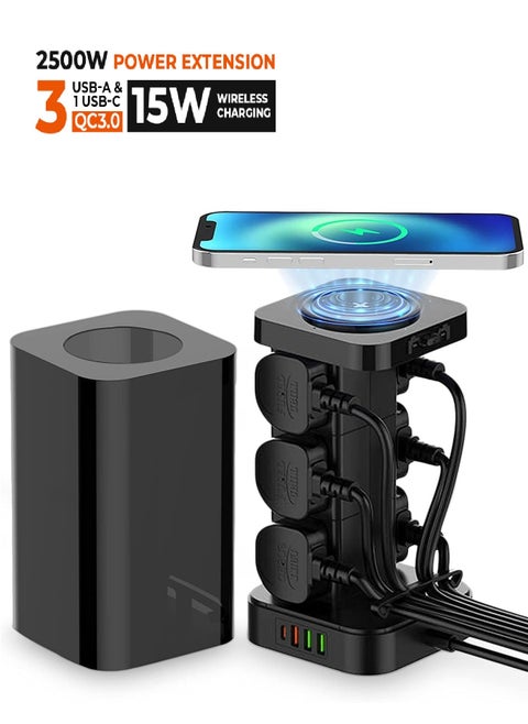 3 in 1 Power Extension Cord With Wireless Charger  And Cable Management Box with lock 4 USB Ports (30W 1* PD 18W 1* QC3.0,2* USB-A)  And 6 Outlets 2500W Power Socket for Home Office And More
