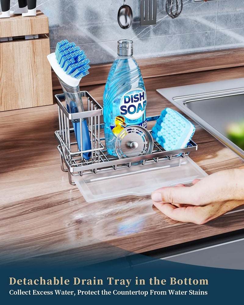 Consumest Sink Caddy, Kitchen Sponge Holder + Dish Brush Holder for Kitchen Sink, Sink Organizer with Drip Tray for Countertop, Stainless Steel Rustproof - Silver - Image 4