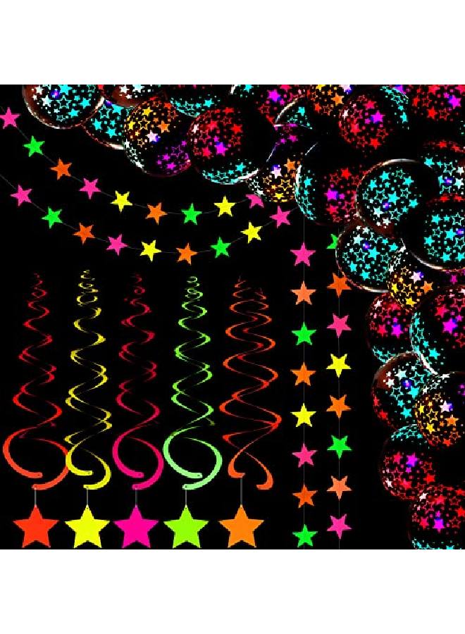 Skylety 61 قطعة من بالونات النيون للحفلات، مجموعات حفلات متوهجة تتضمن 50 قطعة من بالونات متوهجة بالأشعة فوق البنفسجية مقاس 12 بوصة، إكليل نجوم نيون بطول 14 قدمًا، 10 قطع من نجوم النيون المعلقة لتزيين قوس حفلات الزفاف وأعياد الميلاد - Image 1