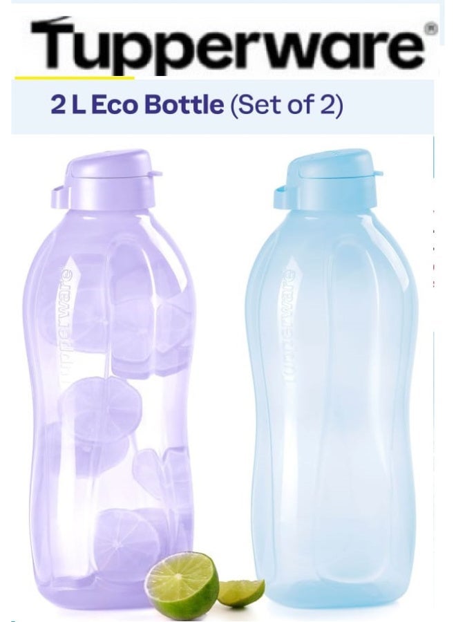Tupperware Original Reusable - Hydration Fridge Bottle - BPA-Free - Leak Proof - Ideal for Gym, Office, Home Sports, Work, School, Kitchen and General Use, Fliptop Eco Water Bottle, 2 Litre, blue and Purple Color-2 piece - Image 1