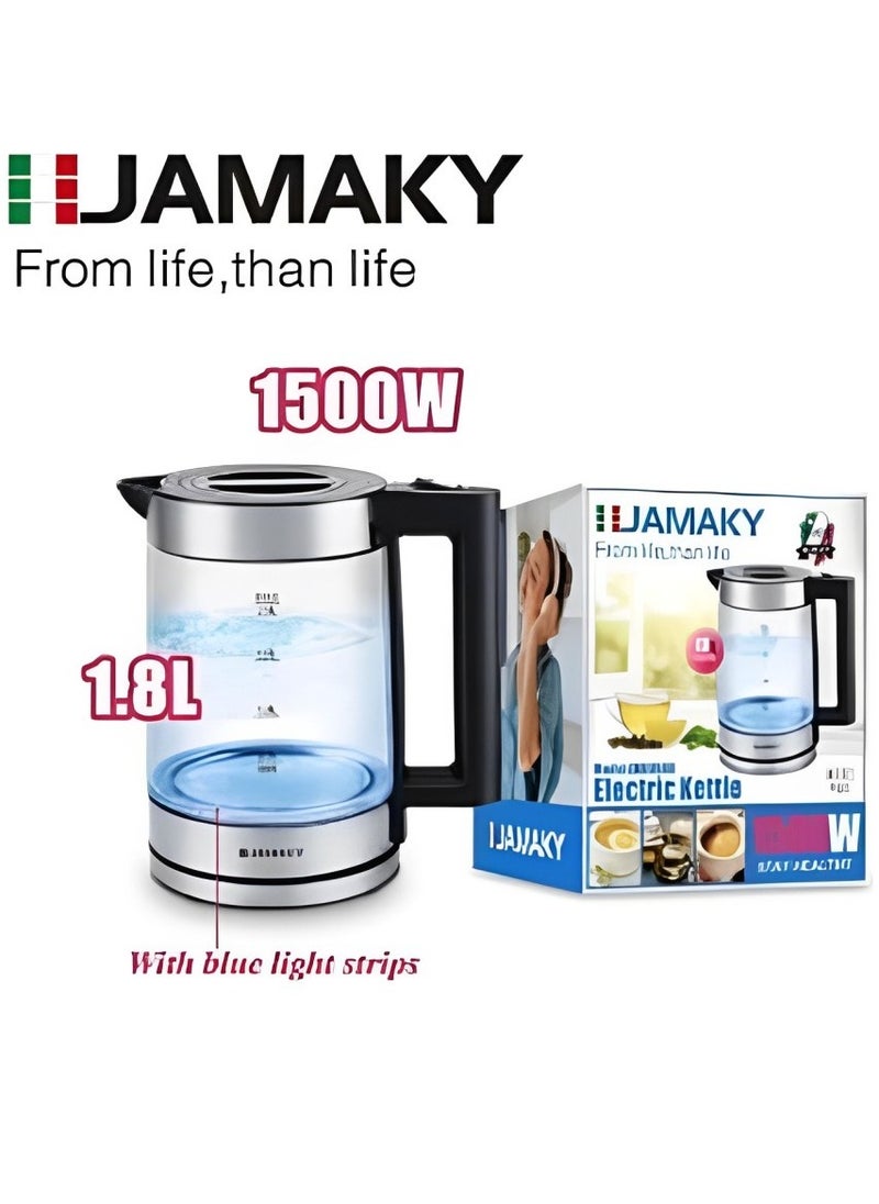 Jamaky Italy - الغلاية الكهربائية JMK9500 بتقنية ايطالية يستخدم في البيت و المكتب بتصميم انيق يضفي لمسة من الجمال تتميز الغلاية بتسخين سريع بقوة 1500 واط وسعة كبيرة (1.8 لتر).  إغلاق تلقائي عند الغليان وقاعدة دوارة 360 درجة - Image 1