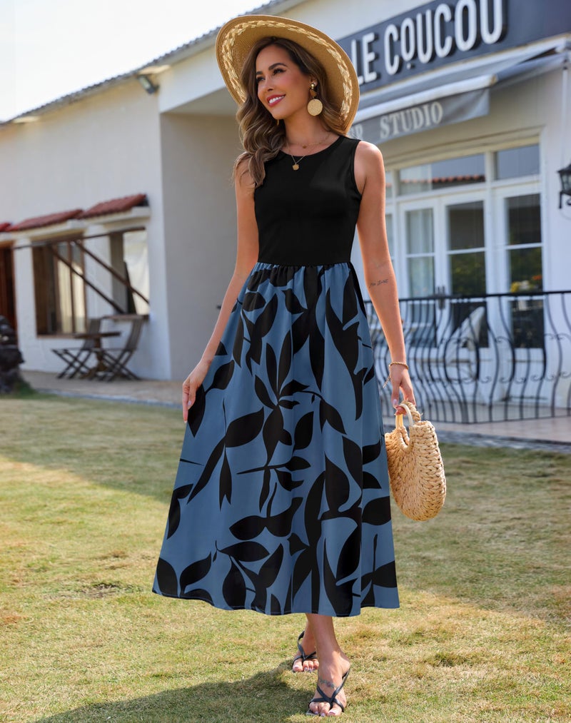 Zattcas Spring Summer Dresses for Women 2026 Sleeveless Ribbed Tank Top Patchwork A Line Flowy Modest Teacher Church Business Casual Work Long Maxi Dress with Pockets Black Blue M - Image 2