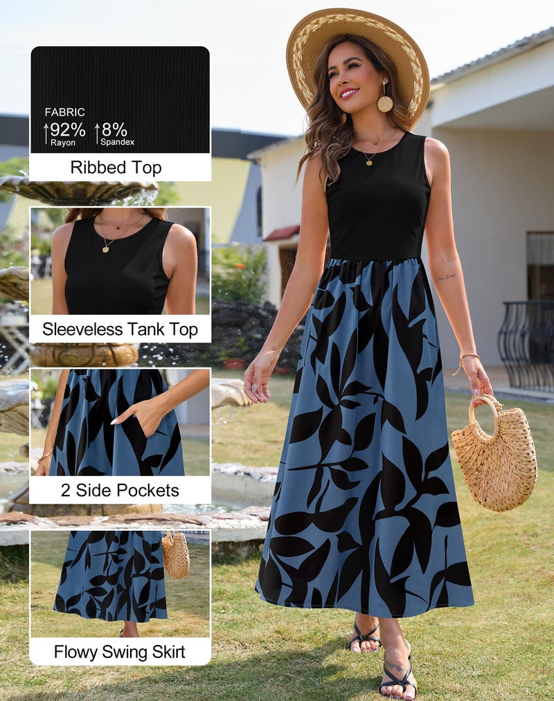 Zattcas Spring Summer Dresses for Women 2026 Sleeveless Ribbed Tank Top Patchwork A Line Flowy Modest Teacher Church Business Casual Work Long Maxi Dress with Pockets Black Blue M - Image 5