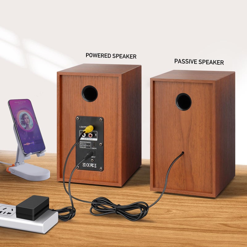 Elimavi Powered Bookshelf Speakers, 40W X 2 Record Player Speakers with 4 Inch Woofer and a 1" Silk Dome Tweeter, BT5.3/RCA/USB-C Audio Input for PC and TVs, Brown - Image 2