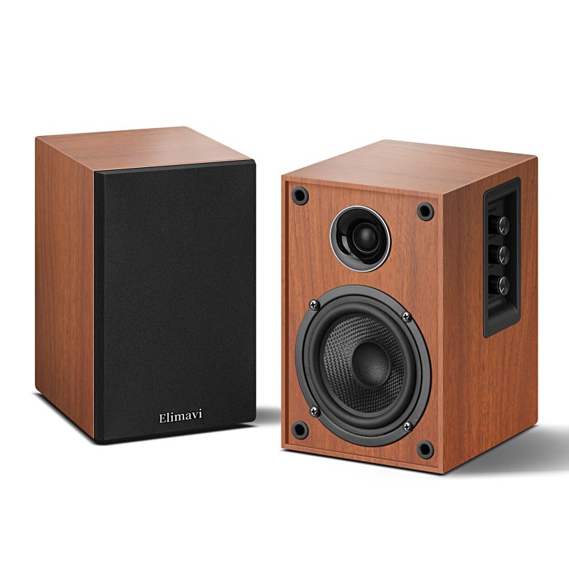 Elimavi Powered Bookshelf Speakers, 40W X 2 Record Player Speakers with 4 Inch Woofer and a 1" Silk Dome Tweeter, BT5.3/RCA/USB-C Audio Input for PC and TVs, Brown - Image 1