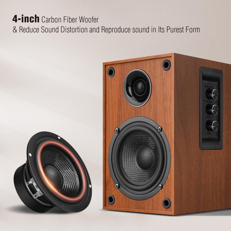 Elimavi Powered Bookshelf Speakers, 40W X 2 Record Player Speakers with 4 Inch Woofer and a 1" Silk Dome Tweeter, BT5.3/RCA/USB-C Audio Input for PC and TVs, Brown - Image 3