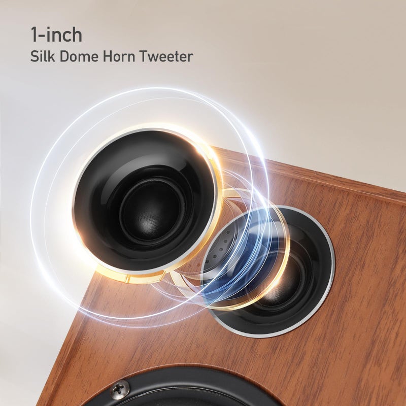 Elimavi Powered Bookshelf Speakers, 40W X 2 Record Player Speakers with 4 Inch Woofer and a 1" Silk Dome Tweeter, BT5.3/RCA/USB-C Audio Input for PC and TVs, Brown - Image 4