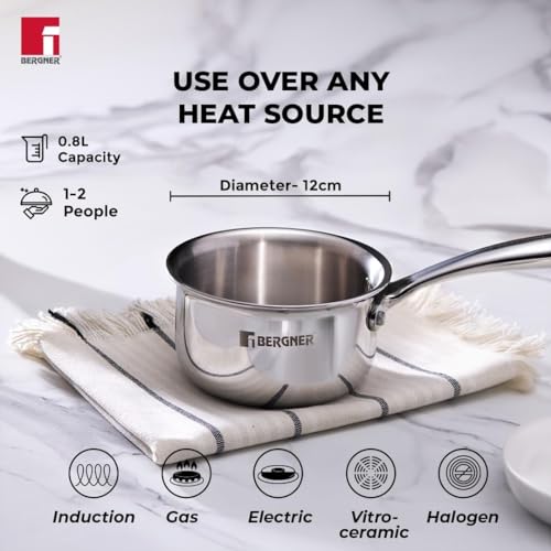 Bergner Argent Junior Chef Triply Stainless Steel Set of 18 cm/1.5 LTR Kadai with Lid and 12 cm/0.8 LTR Saucepan with Lid, Durable Handles, Mirror Finish, Induction Base and Gas Ready - Image 3
