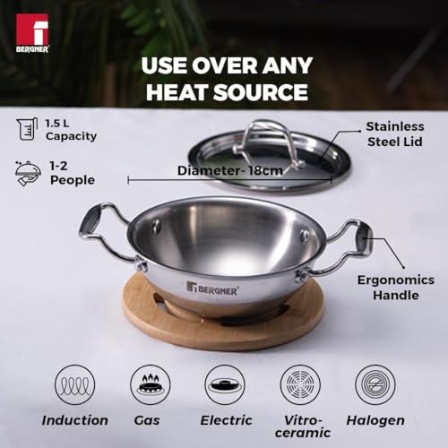 Bergner Argent Junior Chef Triply Stainless Steel Set of 18 cm/1.5 LTR Kadai with Lid and 12 cm/0.8 LTR Saucepan with Lid, Durable Handles, Mirror Finish, Induction Base and Gas Ready - Image 2