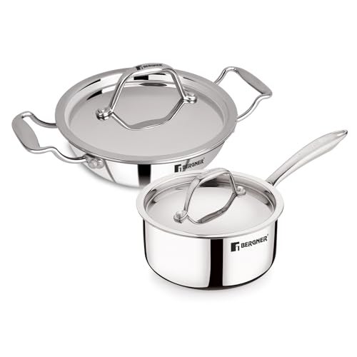 Bergner Argent Junior Chef Triply Stainless Steel Set of 18 cm/1.5 LTR Kadai with Lid and 12 cm/0.8 LTR Saucepan with Lid, Durable Handles, Mirror Finish, Induction Base and Gas Ready - Image 1