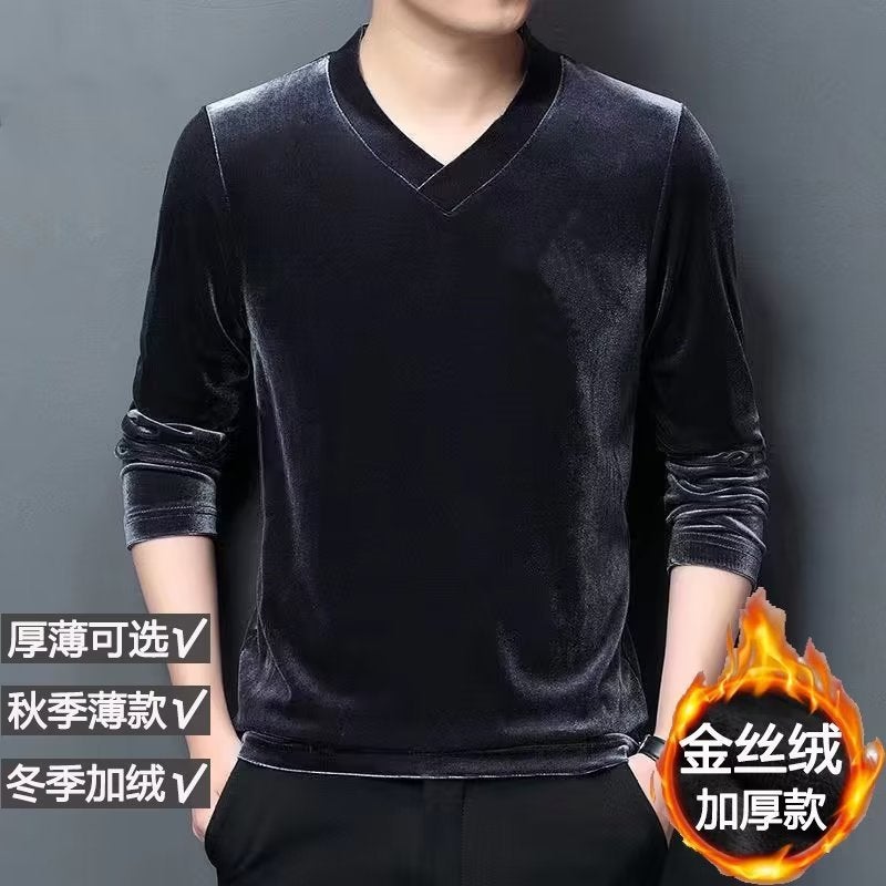 Warm Sweater Men'S V-Neck Korean Slim Fit Gold Velvet Long Sleeve Base Coat A Generation Of Hair - Image 2