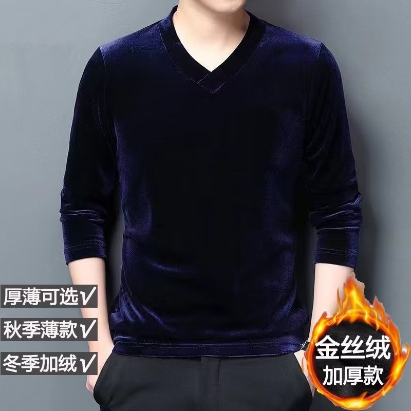Warm Sweater Men'S V-Neck Korean Slim Fit Gold Velvet Long Sleeve Base Coat A Generation Of Hair - Image 4