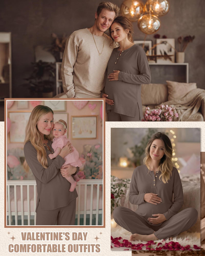 Yearntown Women's Maternity Pajamas Sets, Long Sleeve Pregnancy Postpartum Delivery Lounge Nursing Pjs with Pockets(Coffee,Medium) - Image 5