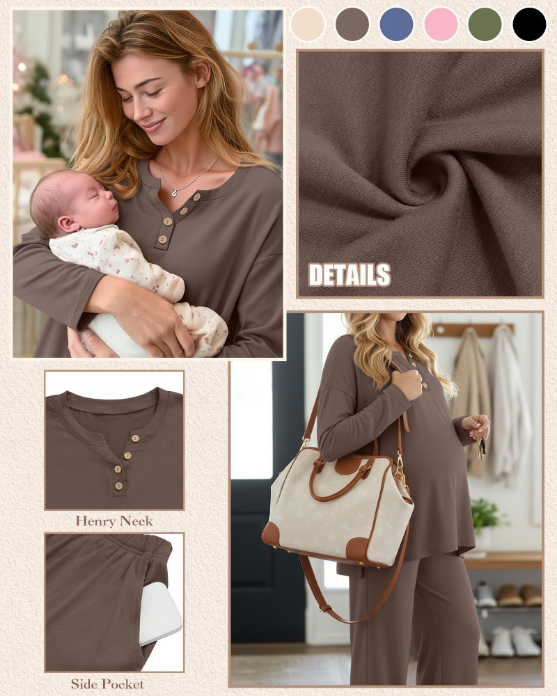 Yearntown Women's Maternity Pajamas Sets, Long Sleeve Pregnancy Postpartum Delivery Lounge Nursing Pjs with Pockets(Coffee,Medium) - Image 4