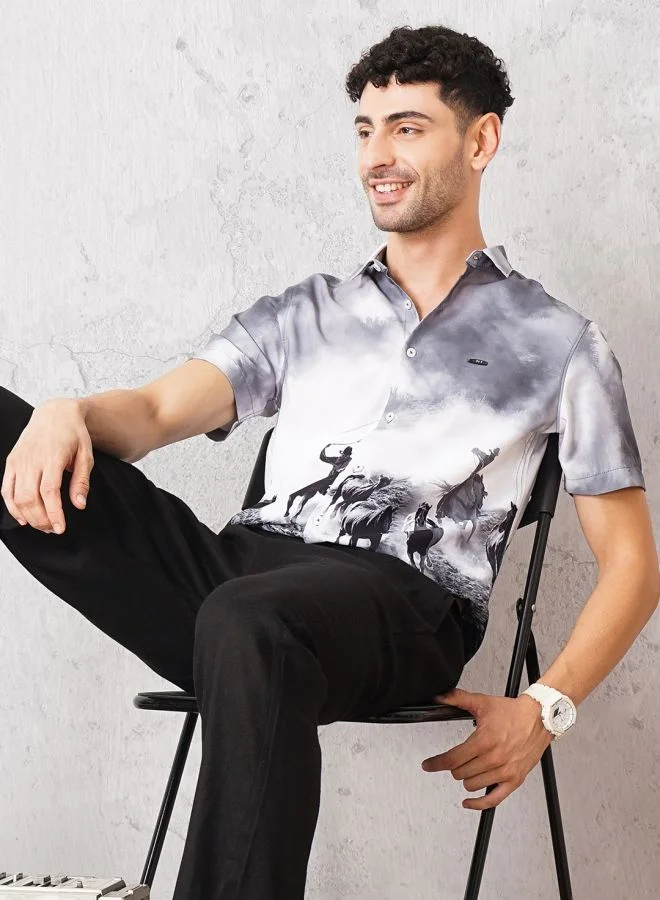 The Indian Garage Co Men Slim Fit Placement Print Half Sleeves Spread Collar Resort Wear Shirt