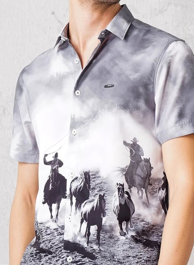 The Indian Garage Co Men Slim Fit Placement Print Half Sleeves Spread Collar Resort Wear Shirt
