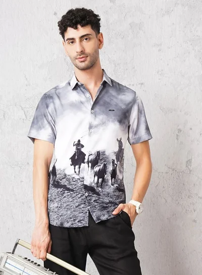 The Indian Garage Co Men Slim Fit Placement Print Half Sleeves Spread Collar Resort Wear Shirt