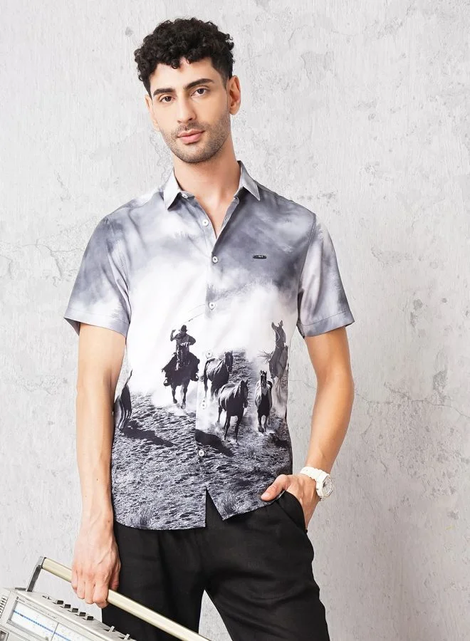 The Indian Garage Co Men Slim Fit Placement Print Half Sleeves Spread Collar Resort Wear Shirt