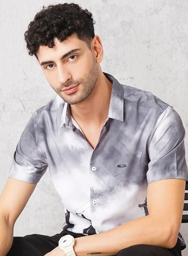 The Indian Garage Co Men Slim Fit Placement Print Half Sleeves Spread Collar Resort Wear Shirt