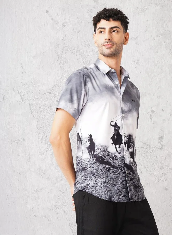 The Indian Garage Co Men Slim Fit Placement Print Half Sleeves Spread Collar Resort Wear Shirt