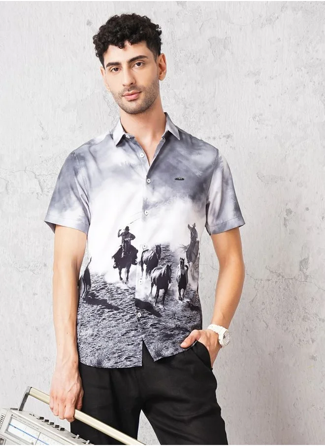 The Indian Garage Co Men Resort Slim Fit Printed Collared Neck Short Sleeves Curved Shirt