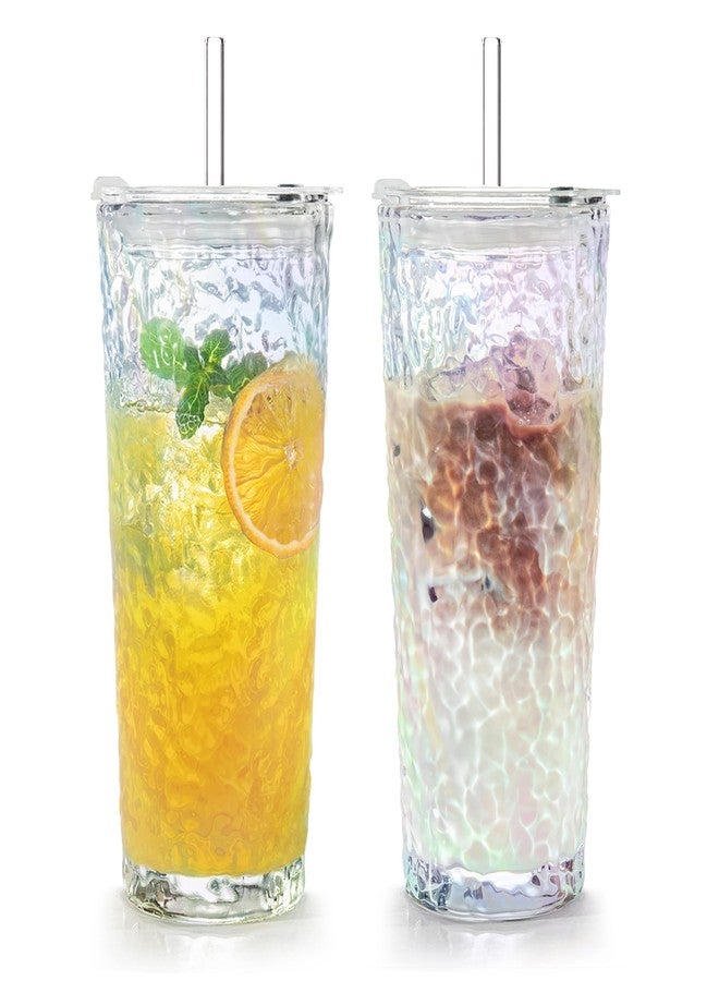 Puraville 2 Pack 18oz Glass Cups with Lids and Straws, Vintage Glacier Pattern Thickened Glassware for Whiskey Cocktail Beer, Mason Jar Drinking Glasses Tumbler Iced Coffee Cup, Rainbow - Image 1