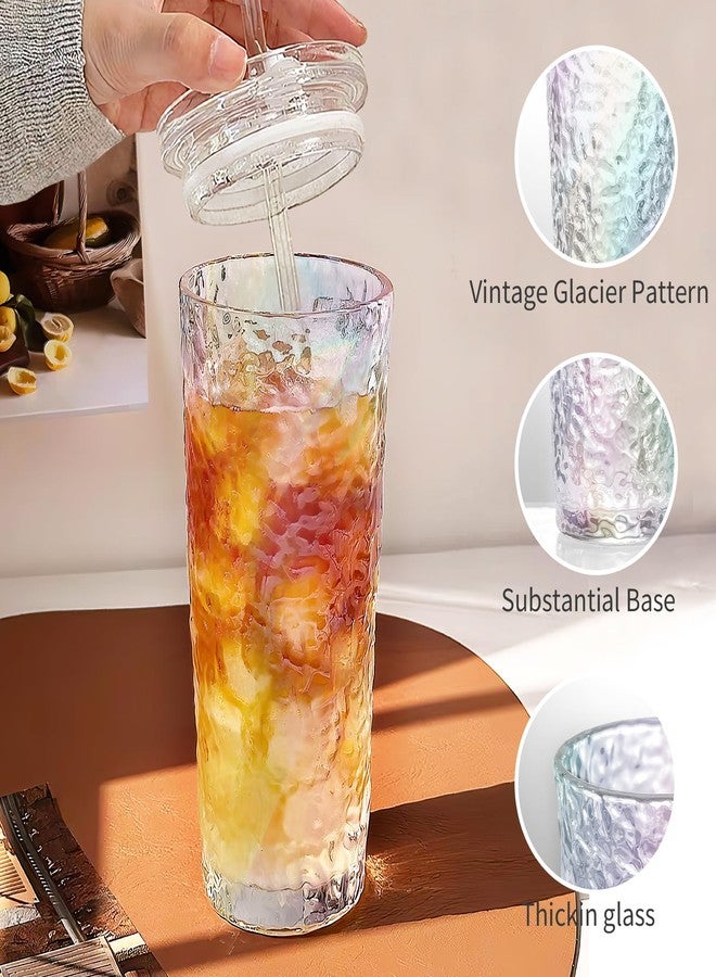 Puraville 2 Pack 18oz Glass Cups with Lids and Straws, Vintage Glacier Pattern Thickened Glassware for Whiskey Cocktail Beer, Mason Jar Drinking Glasses Tumbler Iced Coffee Cup, Rainbow - Image 5