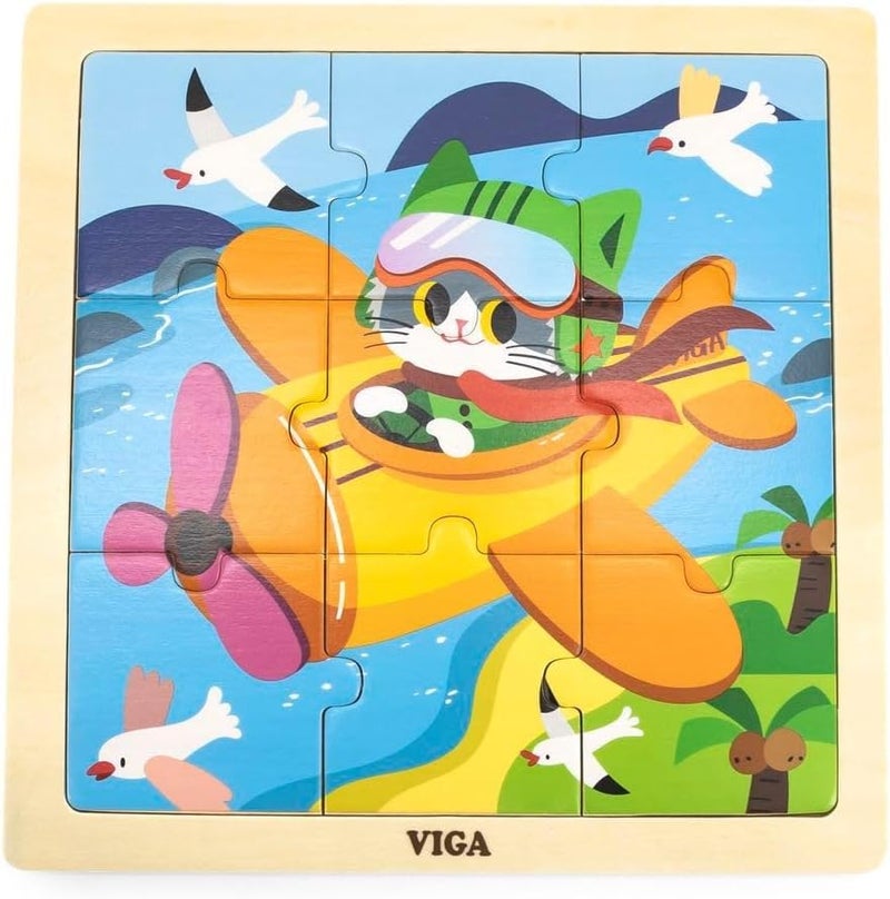VIGA Cat on a Plane 9-Piece Jigsaw Puzzle - Montessori Wooden Toy for Kids - Image 1