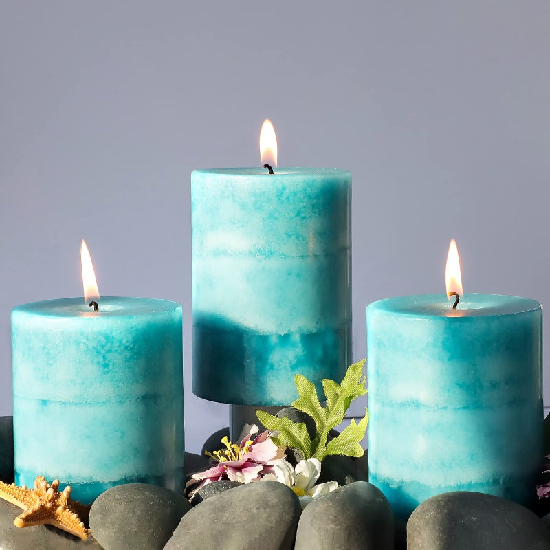 Pillar Candles Ocean Breeze Scented 3x4 inch Aqua Green Candle Clean Burning Smokeless Dripless Candles for Home Scented Dinner Table Fireplace Coastal Ocean Bathroom Decor  3 Pack
