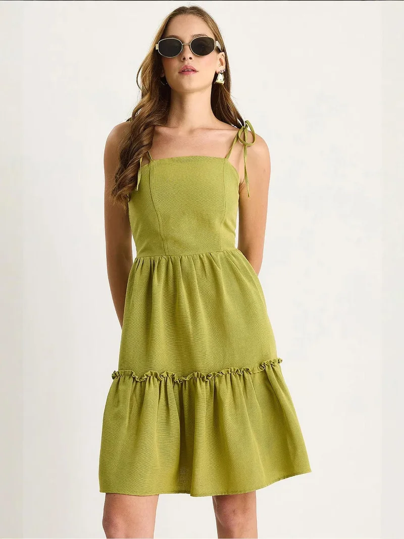 Bianco Lucci LUCCI Square Collar A-Form Midi Dress with Binding Detail