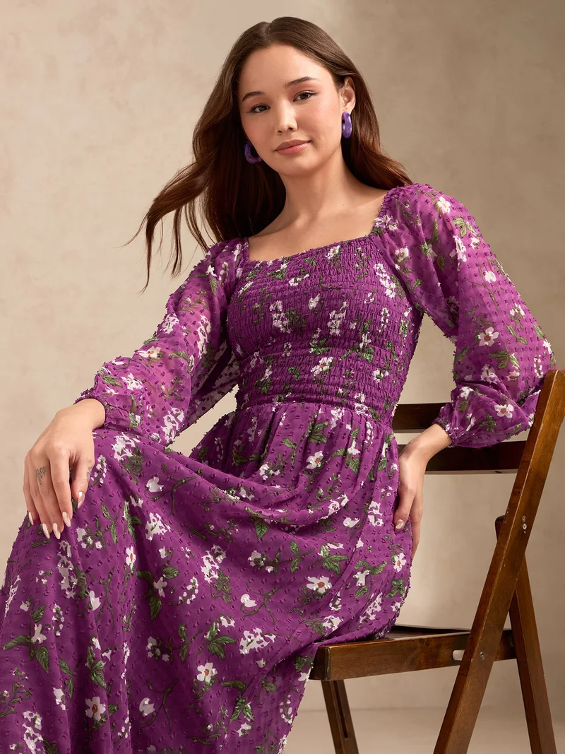 أوجيدر فستان ماكسي بأكمام كاملة وطبعة بنفسجية
