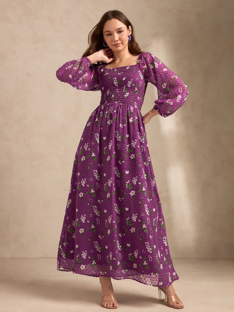 أوجيدر فستان ماكسي بأكمام كاملة وطبعة بنفسجية