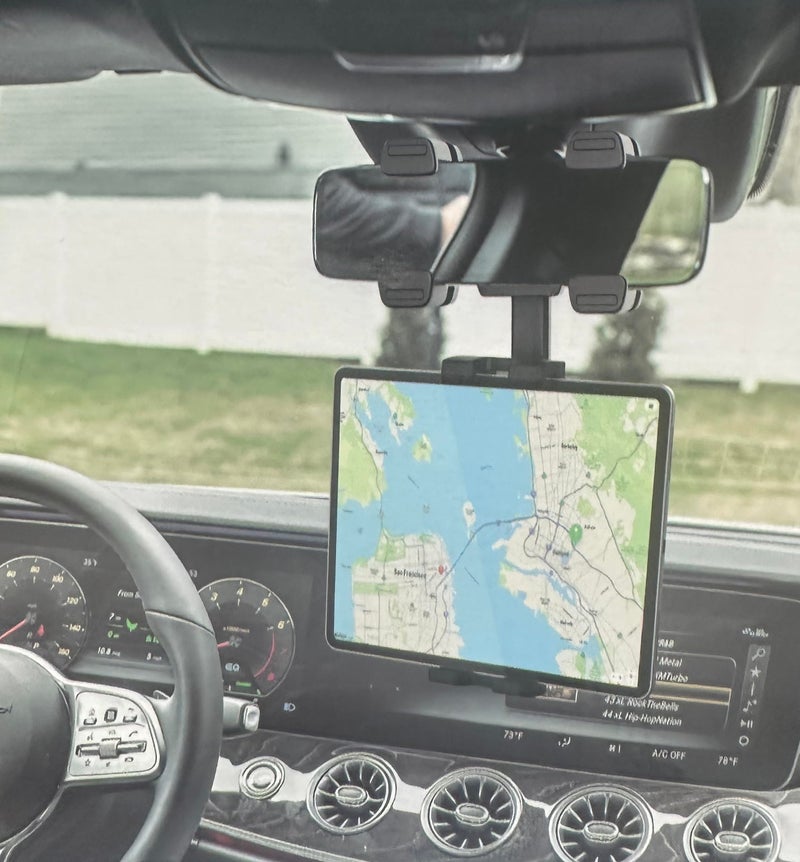 حامل الكمبيوتر اللوحي لمرآة الرؤية الخلفية للسيارة مشبك أوسع مطور المرايا الكبيرة ودية مرآة الرؤية الخلفية الكمبيوتر اللوحي حامل السيارة 360 قابل للتدوير والسحب لجهاز iPad Pro 129 Air Mini Galaxy 413