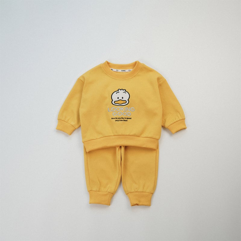 Japanese-style Cartoon Babys Autumn Clothes Class A Cartoon Childrens suit Embroidered Cute Sweatshirt Sweatpants Two-piece Set Yellow 