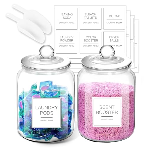 FyndraX Laundry Pods Glass Jars - Half Gallon Airtight Containers with Scoop and Labels for Organization and Storage Laundry Room Detergents Powder, Scent Booster Beads Holder, Set of 2 - Image 1