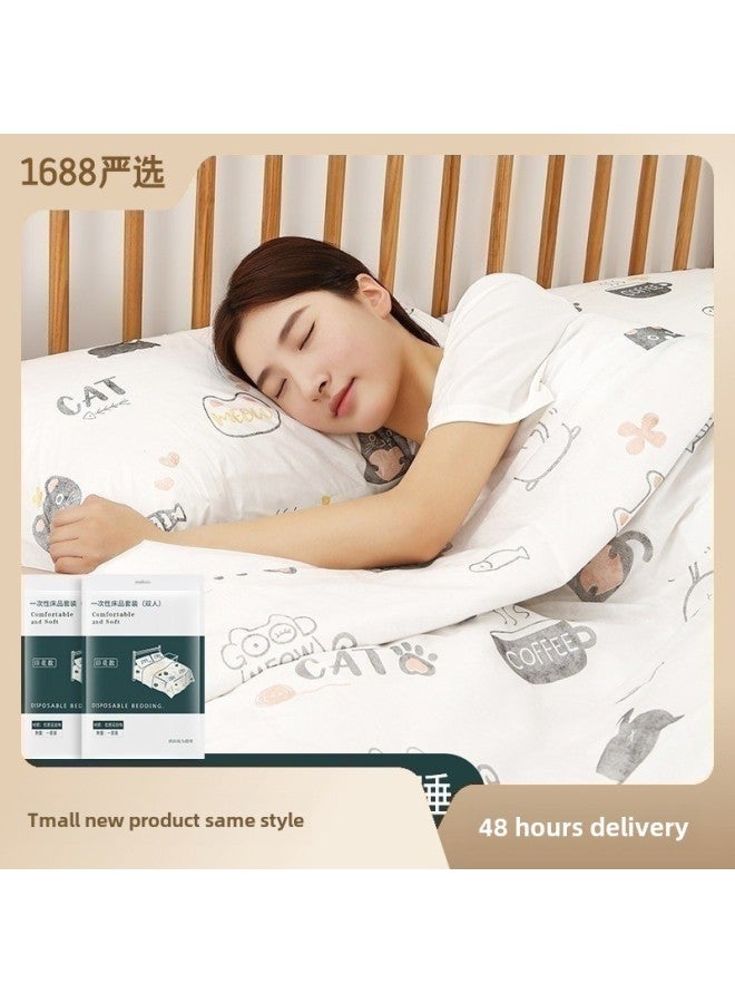 Travel Disposable Sleeping Bag Summer Single Double Hotel Dirty Bed Sheet Portable Quilt Cover Travel Cotton Quilt Cover-Color:Cat Coffee Printing Three-piece Set 160*230cm - Image 3