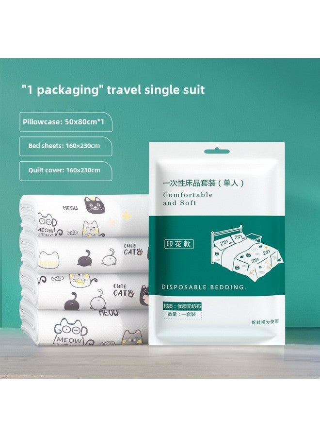 Travel Disposable Sleeping Bag Summer Single Double Hotel Dirty Bed Sheet Portable Quilt Cover Travel Cotton Quilt Cover-Color:Cat Coffee Printing Three-piece Set 160*230cm - Image 1