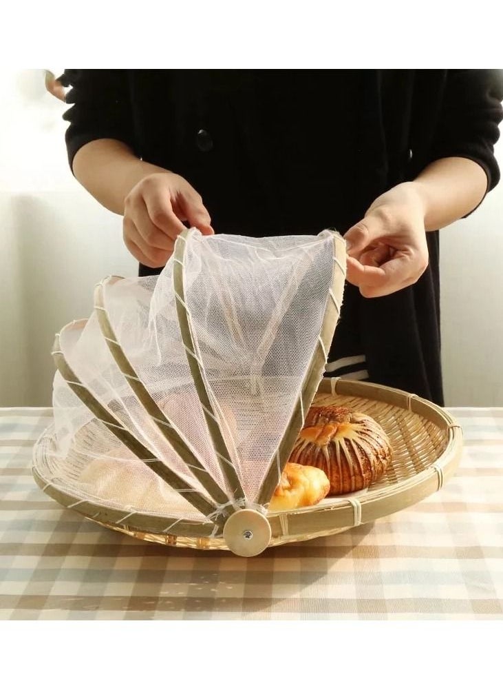 DubaiGallery Food Serving Basket Tent Basket Bamboo Picnic Basket Hand- Woven Meal Table Food Tray Cover with Mesh Gauze Cover for Vegetable Fruit Bread  - Image 3