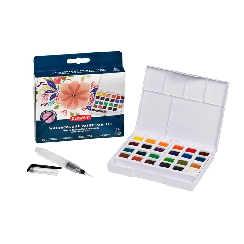 Derwent Watercolour Paint Pan 24 Set Set of 24 Half Pan Size WaterSoluble Ideal for Painting Professional Quality Travel Size 2306324