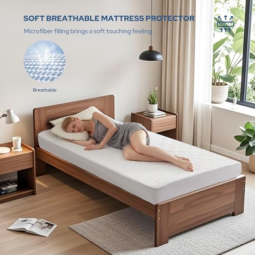 BEDLORE حامي مرتبة BEDLORE المقاوم للماء، وسادة مرتبة بحجم توين مع جيب عميق بعمق 6"-15"، غطاء مرتبة سرير مفرد ناعم وقابل للتنفس لغرفة النوم، غرفة النوم الجامعية (أبيض) - Image 3