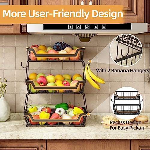 GILLAS 3 Tier Countertop Fruit Basket with 2 Banana Hangers for Kitchen, Detachable Metal Organizer for Bread Vegetable Fruits with Wooden Handle, Large Capacity Rectangular Storage Stand Bowls, Black - Image 3