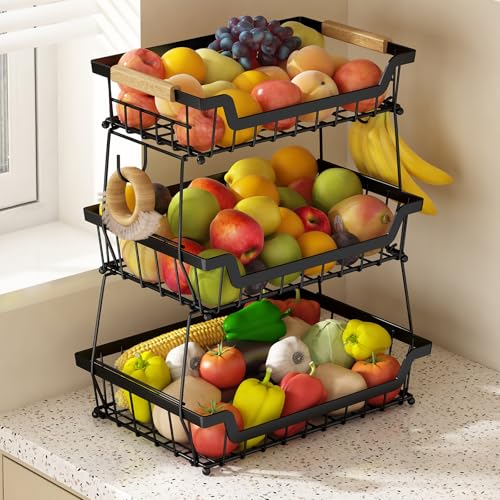 GILLAS 3 Tier Countertop Fruit Basket with 2 Banana Hangers for Kitchen, Detachable Metal Organizer for Bread Vegetable Fruits with Wooden Handle, Large Capacity Rectangular Storage Stand Bowls, Black - Image 2