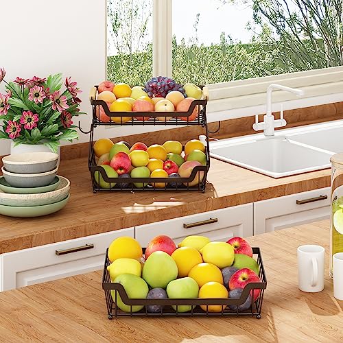 GILLAS 3 Tier Countertop Fruit Basket with 2 Banana Hangers for Kitchen, Detachable Metal Organizer for Bread Vegetable Fruits with Wooden Handle, Large Capacity Rectangular Storage Stand Bowls, Black - Image 5