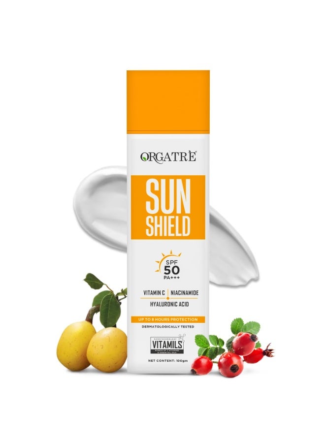 Orgatre Sun Shield SPF 50 PA++++ Vitamin C Bright Face Sunscreen with Niacinamide & Hyaluronic Acid | UVA/UVB Defense | Lightweight, Non-Greasy | 100gm - Image 1