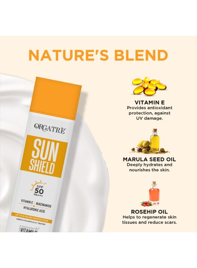 Orgatre Sun Shield SPF 50 PA++++ Vitamin C Bright Face Sunscreen with Niacinamide & Hyaluronic Acid | UVA/UVB Defense | Lightweight, Non-Greasy | 100gm - Image 2
