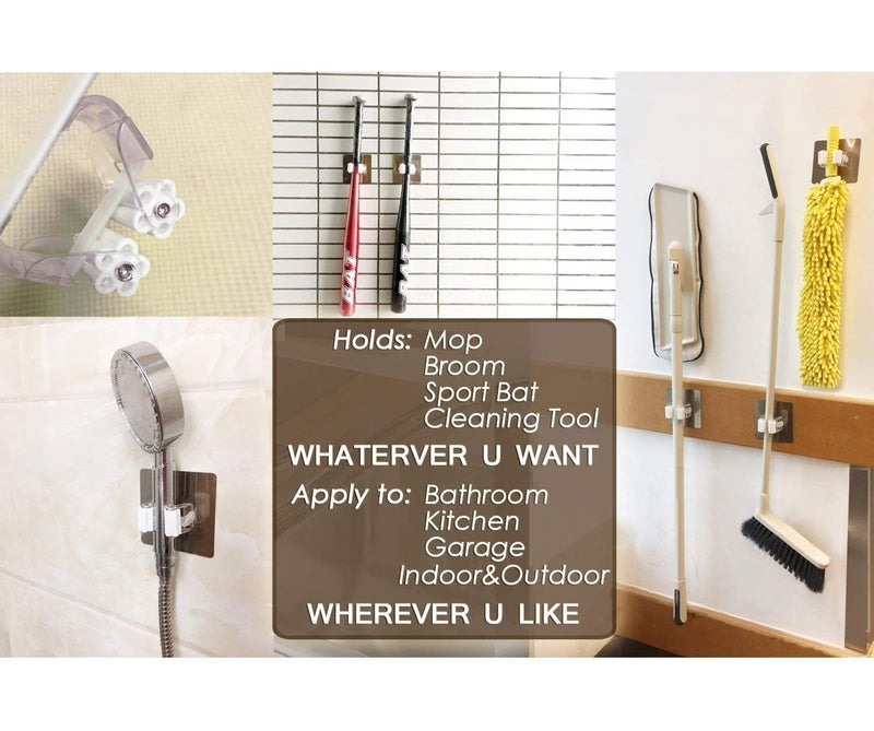 HomeFast Wall Mounted Single Mop and Broom Holder with Magic Sticker (Silver, Small) - Image 2