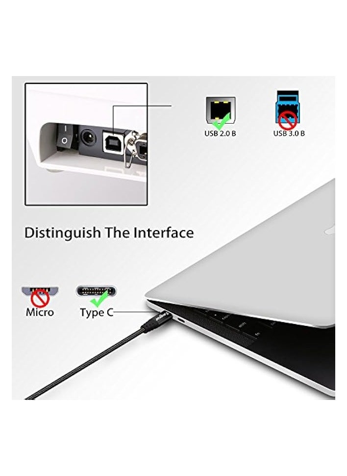 فاسجير كابل من النوع C إلى USB B، حزمة واحدة من سلك ماسح ضوئي للطابعة مضفر من النايلون بطول 6 أقدام مع موصل معدني متوافق مع HP LaserJet وCanon وSamsung وBrother وXerox والطابعات الأخرى (أسود)  - Image 3